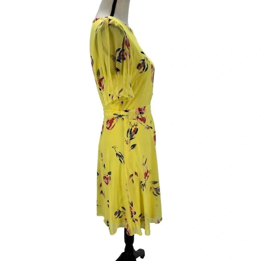 DKNY Short Sheer Sleeve Floral Print Midi Dress - Yellow - size 4
